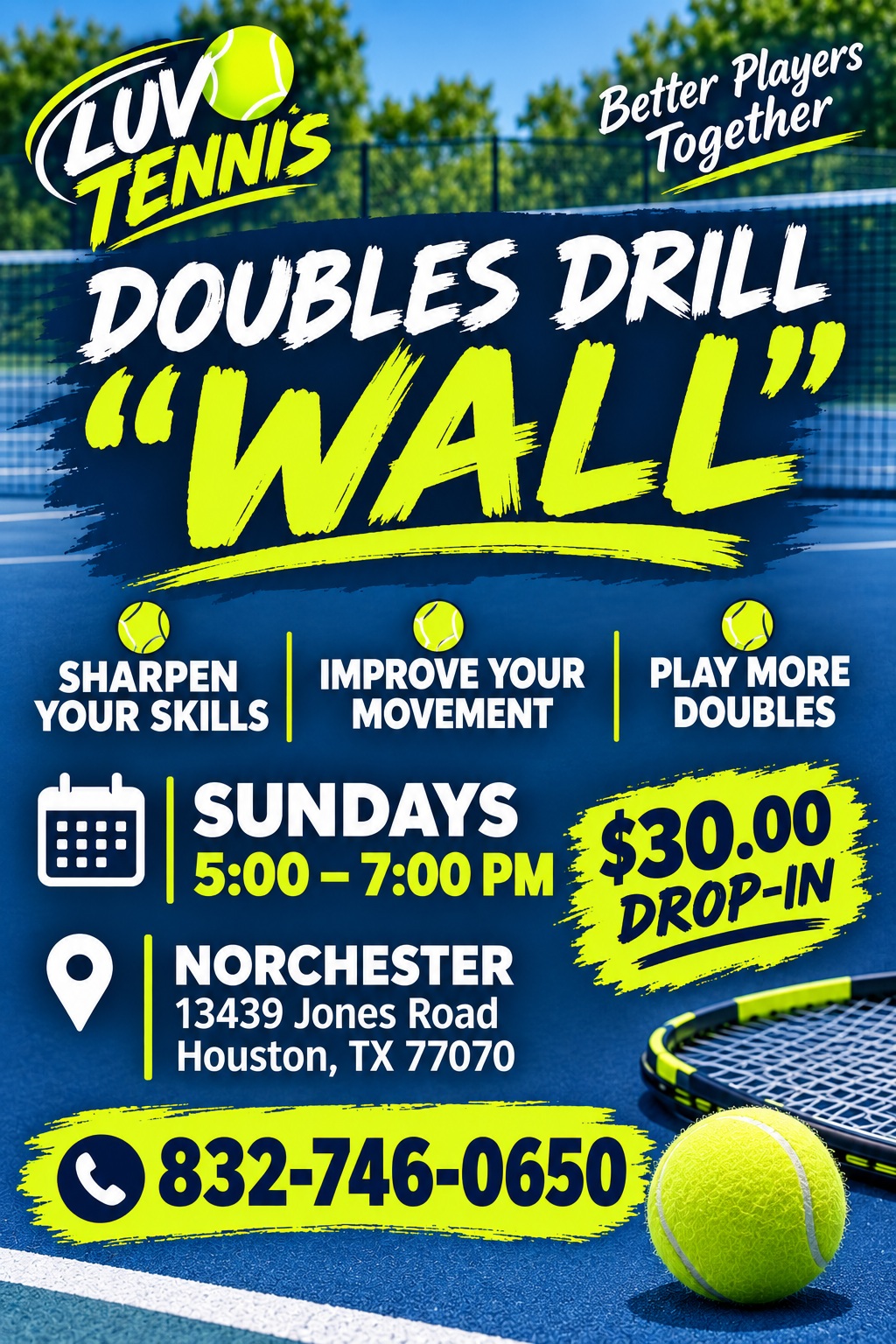 Luv Tennis doubles drill “Wall” flyer, Sundays 5–7 PM in North Houston, $30 drop-in, phone number listed