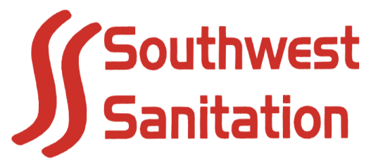 A red logo for southwest sanitation on a white background