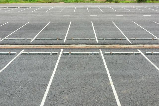 Empty outdoor parking lot with white painted parking lines on gray asphalt