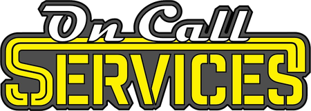 On Call Services logo in black, white, and yellow with bold outlined text