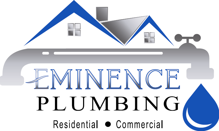 Logo for Eminence Plumbing, featuring a house silhouette, faucet, and water droplet in blue and gray.
