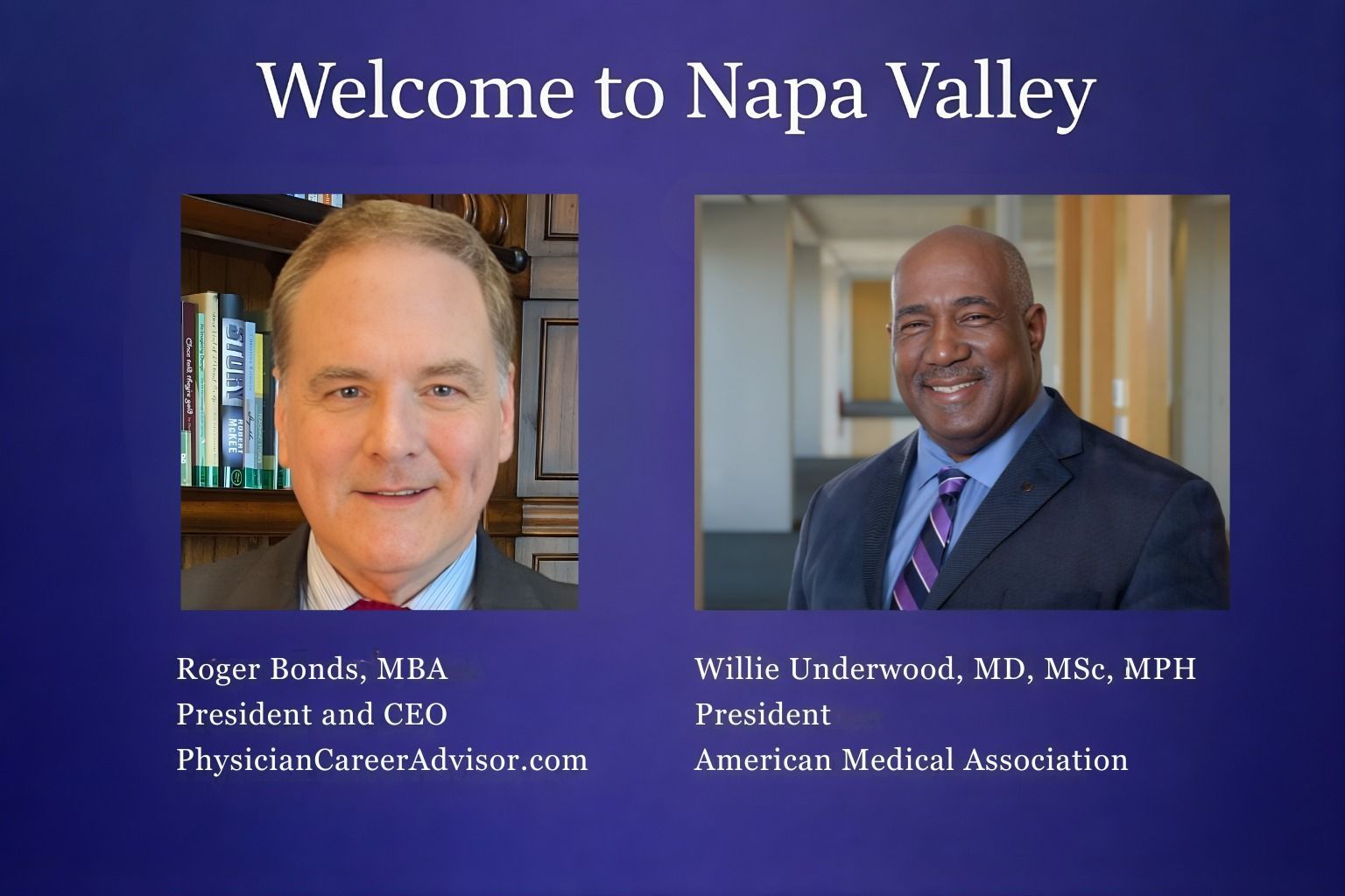 Welcome to Napa Valley banner with two headshots and names on a blue background
