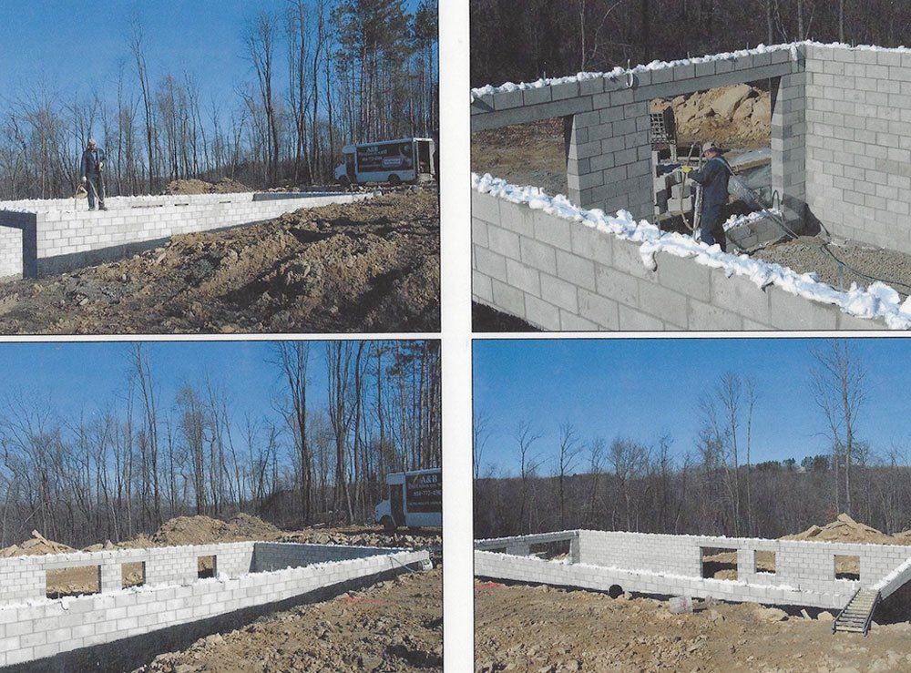 Four pictures of a building under construction with trees in the background