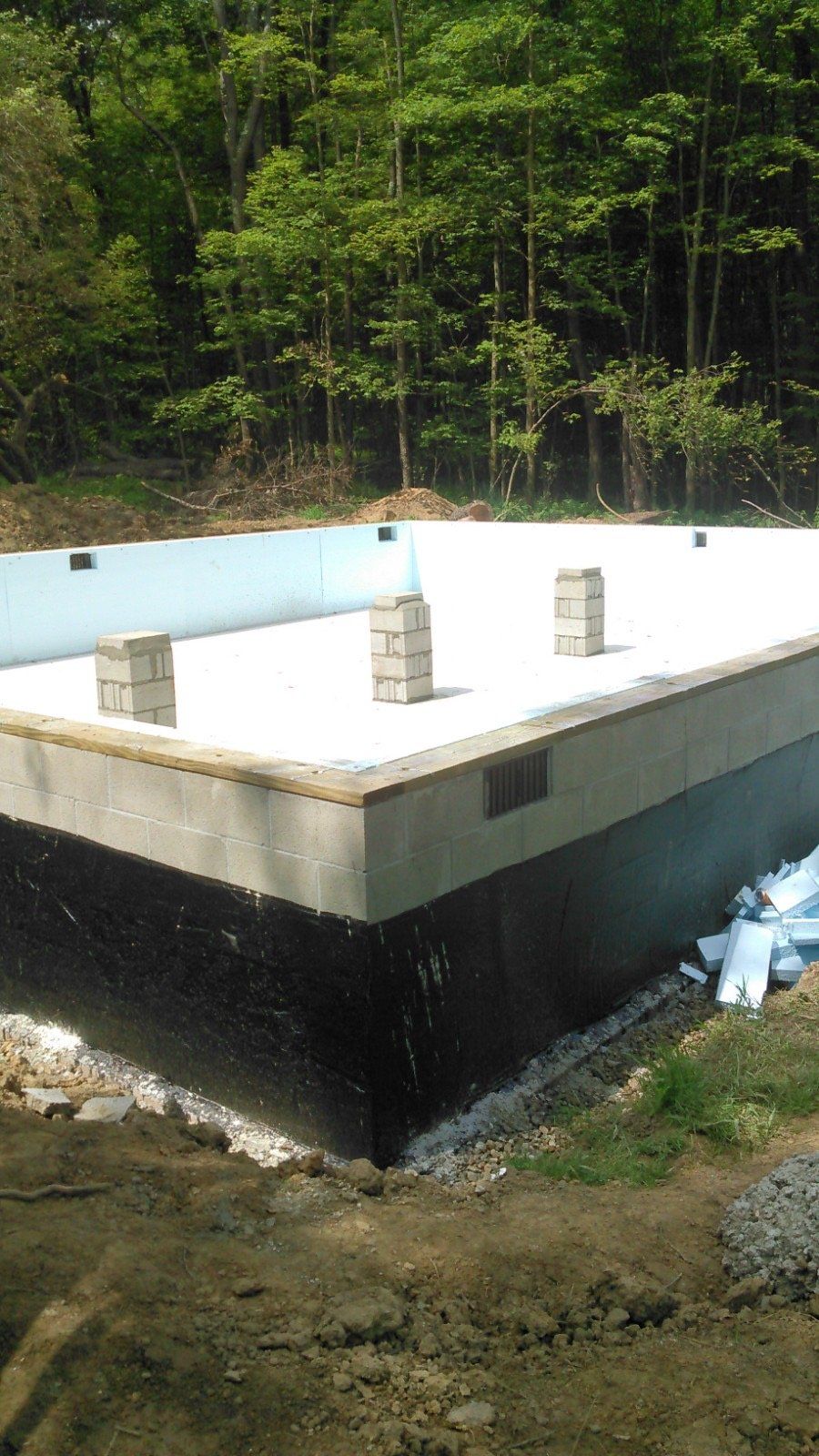 A swimming pool is being built in the middle of a forest.