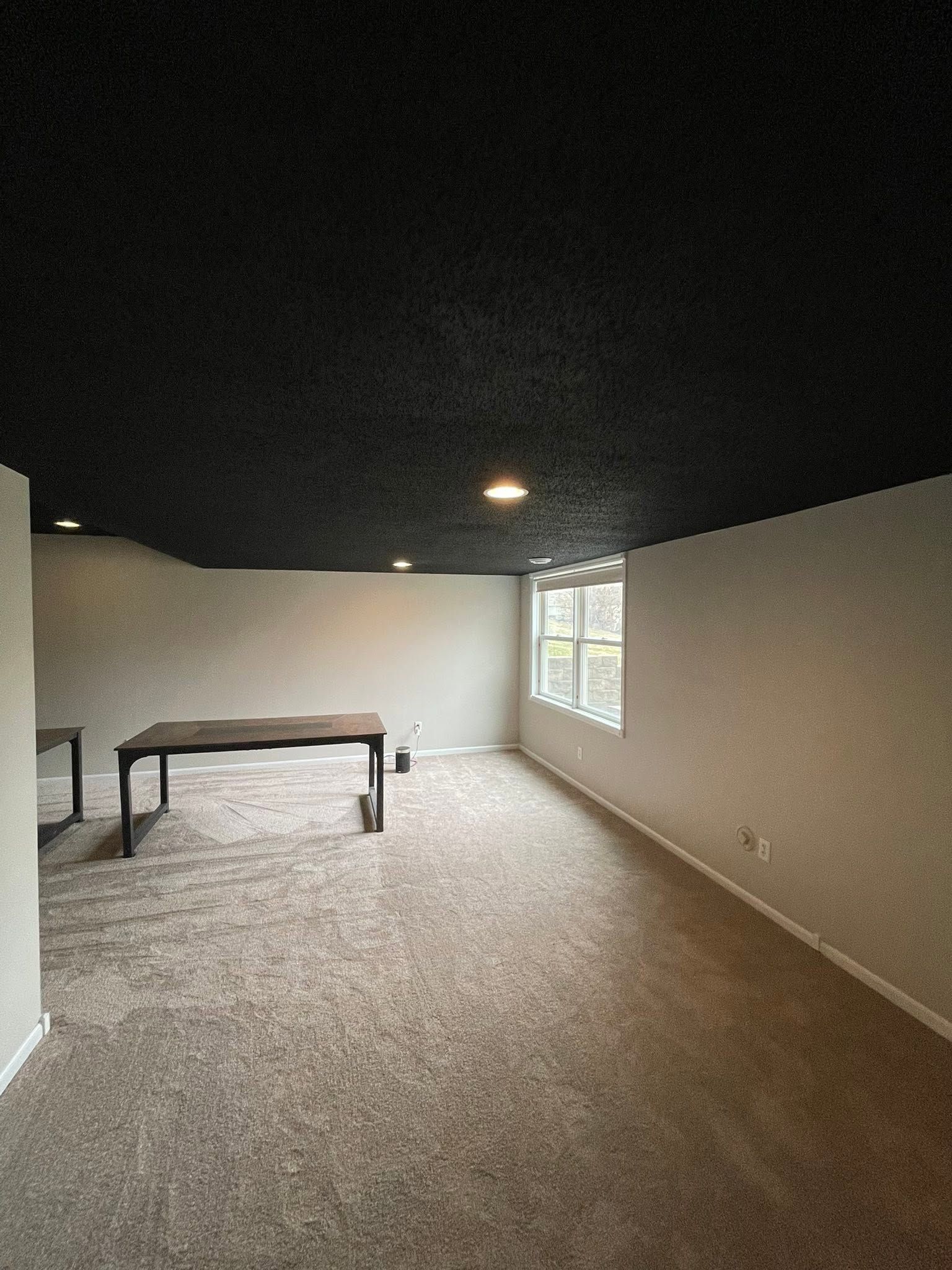 Painted ceiling black and walls white in Ankeny, Iowa home. 