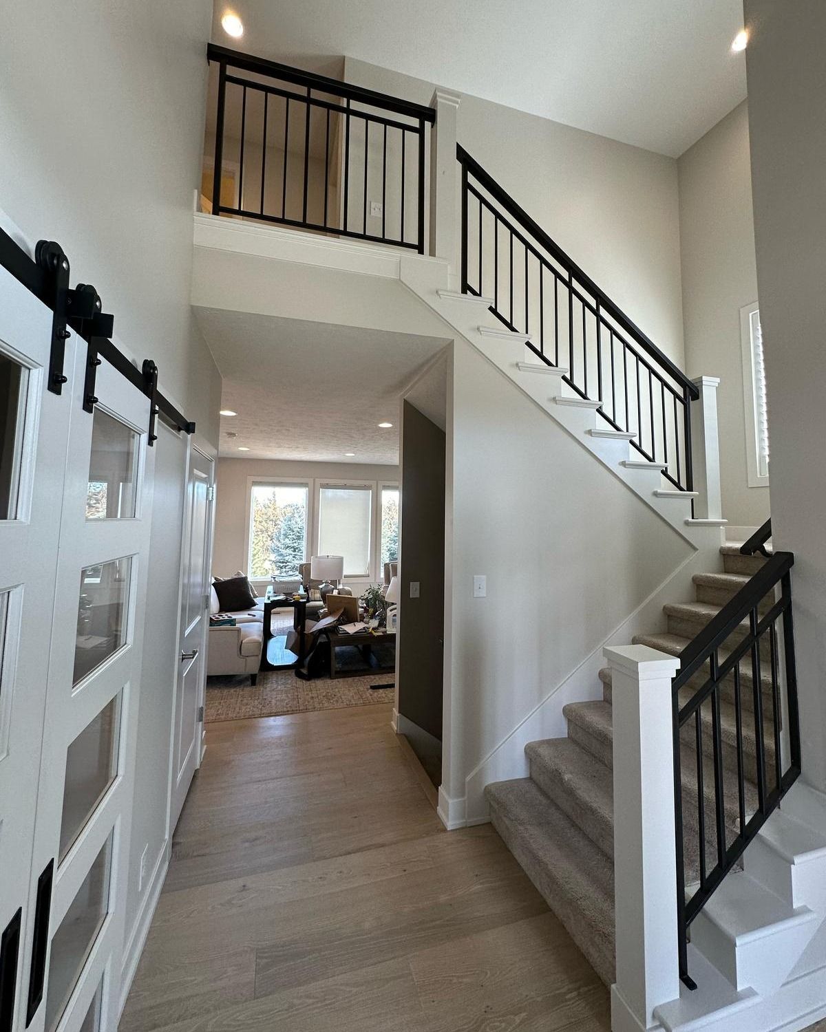 Interior walls and stairwell painted white with black railing in Ankeny, Iowa.