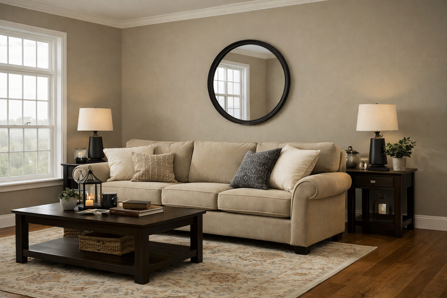 Living room painted in Sherwin-Williams Universal Khaki SW 6150 in an Urbandale, Iowa home
