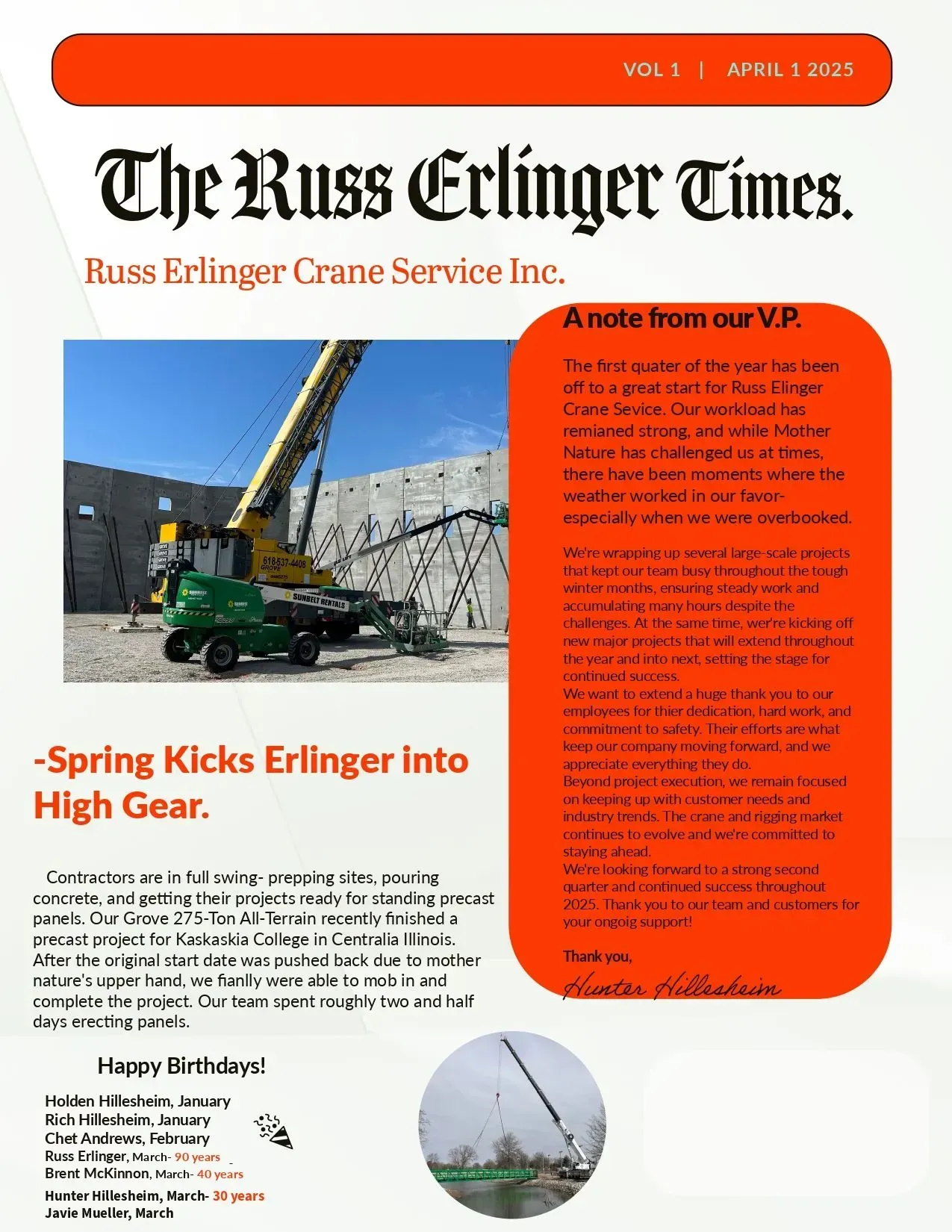 Newsletter for Russ Erlinger Crane Service, featuring a crane in action.