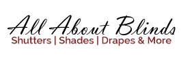 A logo for all about blinds , shutters , shades , drapes and more.