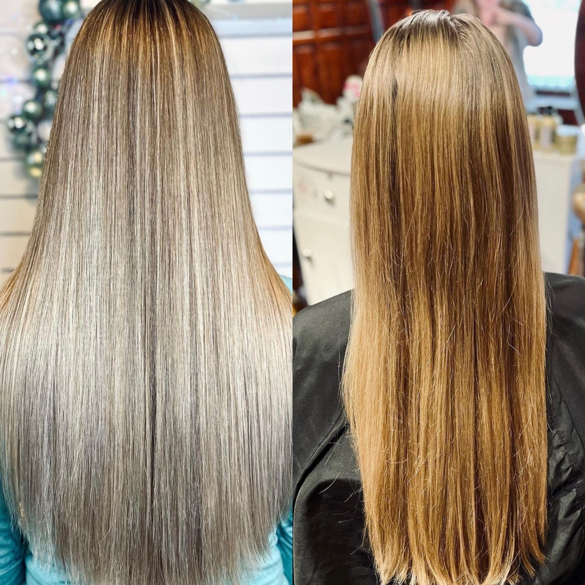 a before and after photo of a woman 's hair