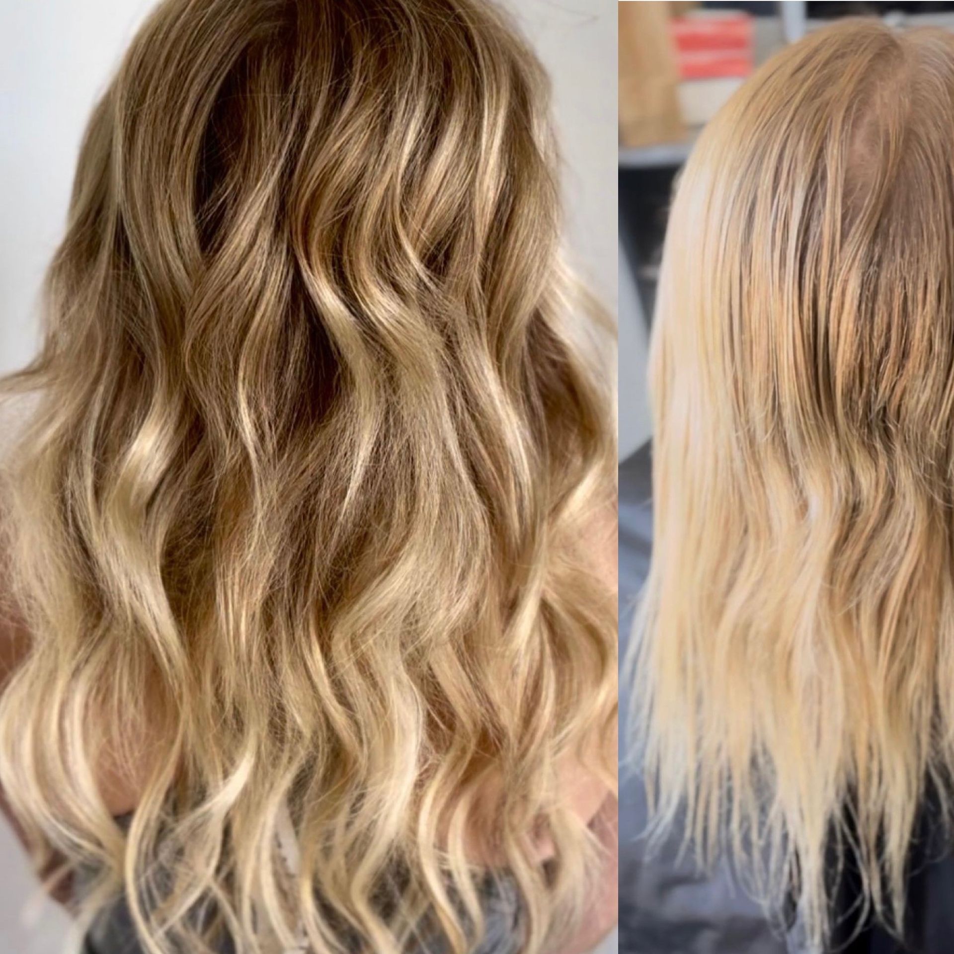 a before and after photo of a woman 's blonde hair