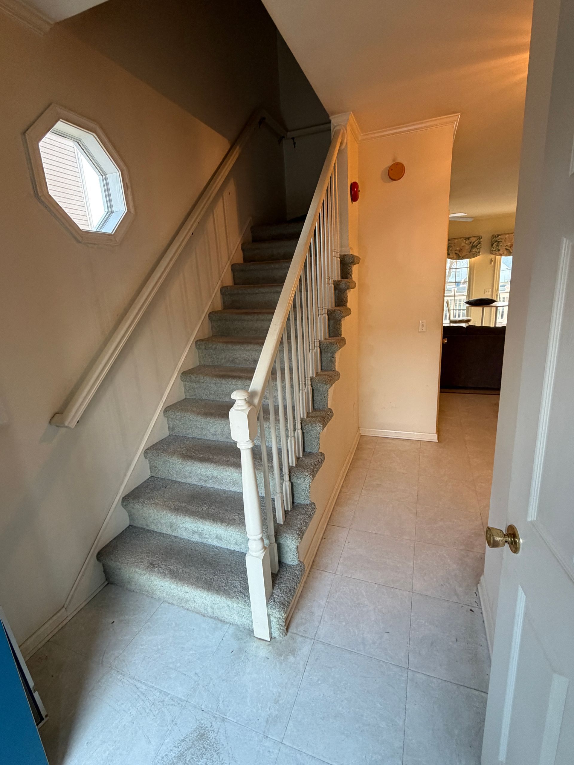 Interior hallway with carpeted staircase, white banister, and octagonal window light.