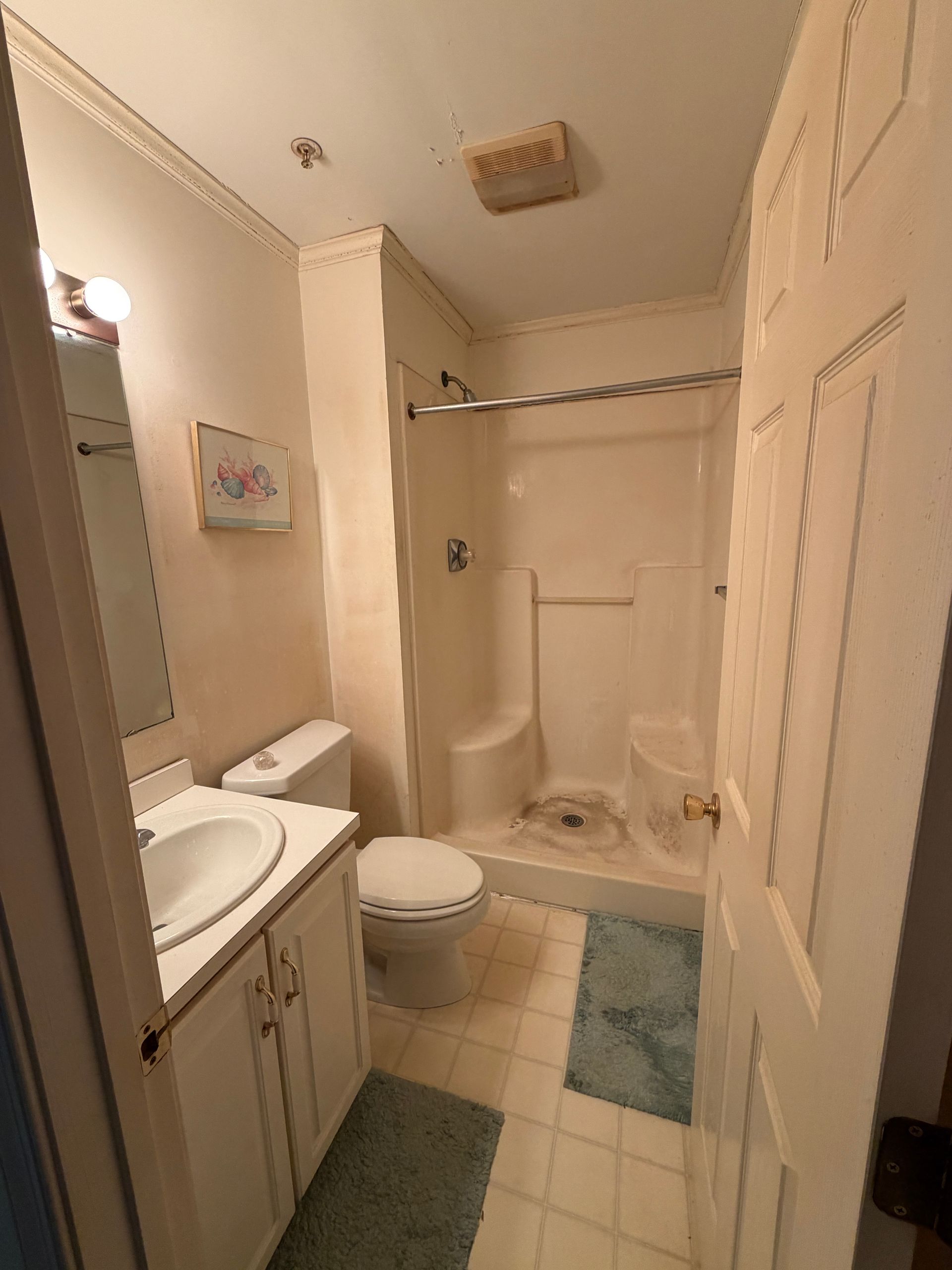 Small beige bathroom with toilet, sink vanity, shower, and blue bath mat.