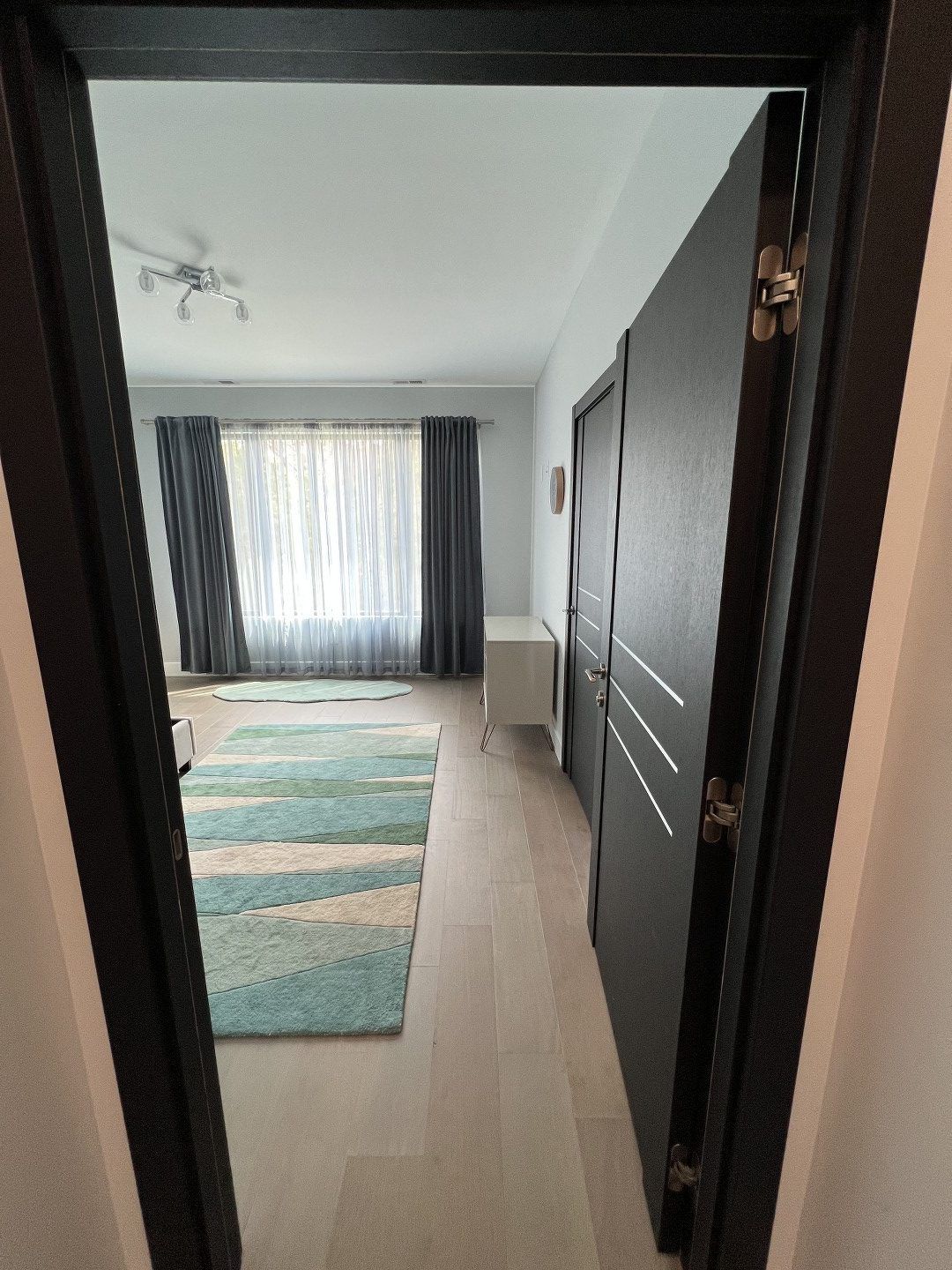 A view of a living room through a doorway.