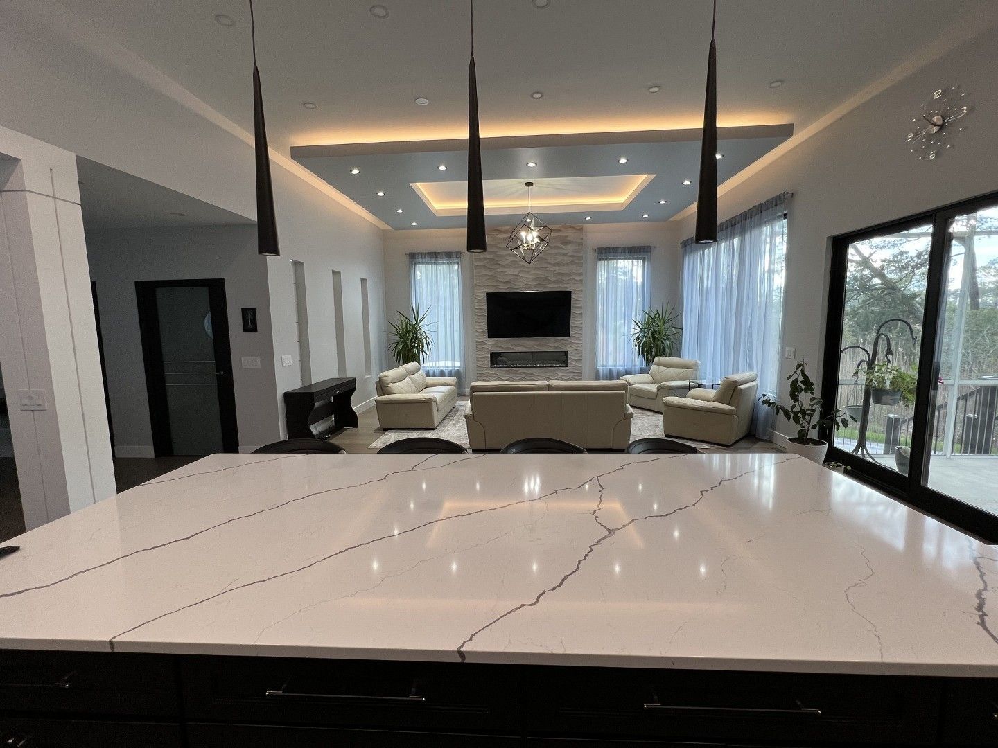 There is a large table in the middle of the room.