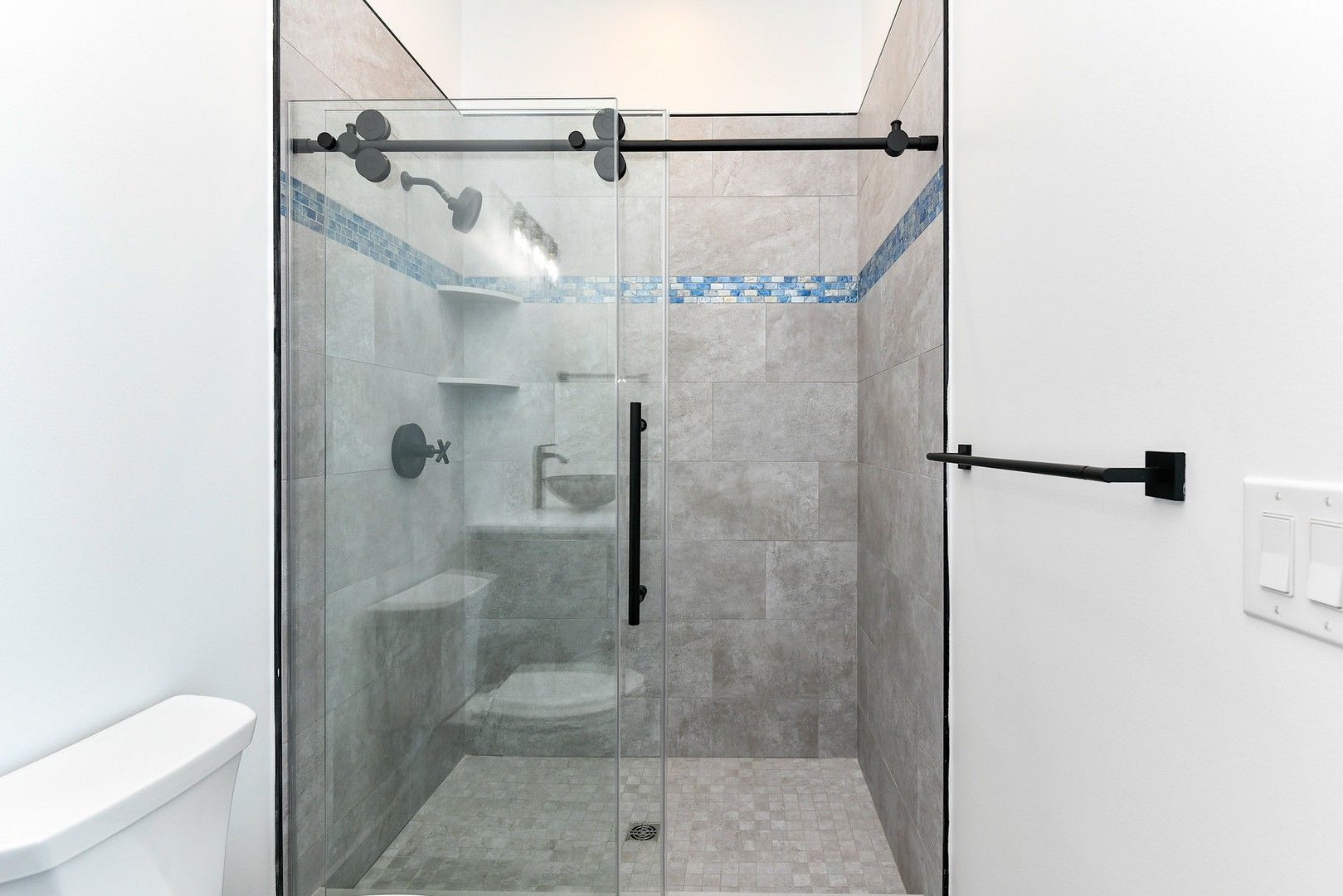 A bathroom with a walk in shower , toilet and sink.