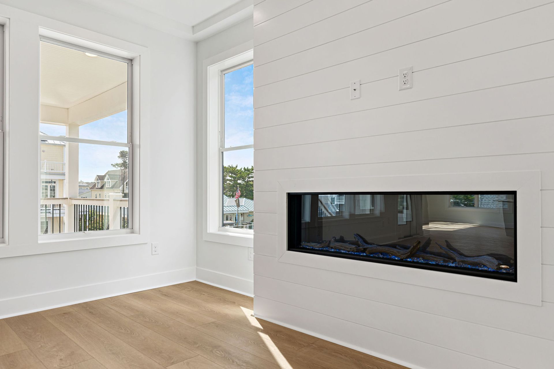 There is a fireplace in the middle of the room.