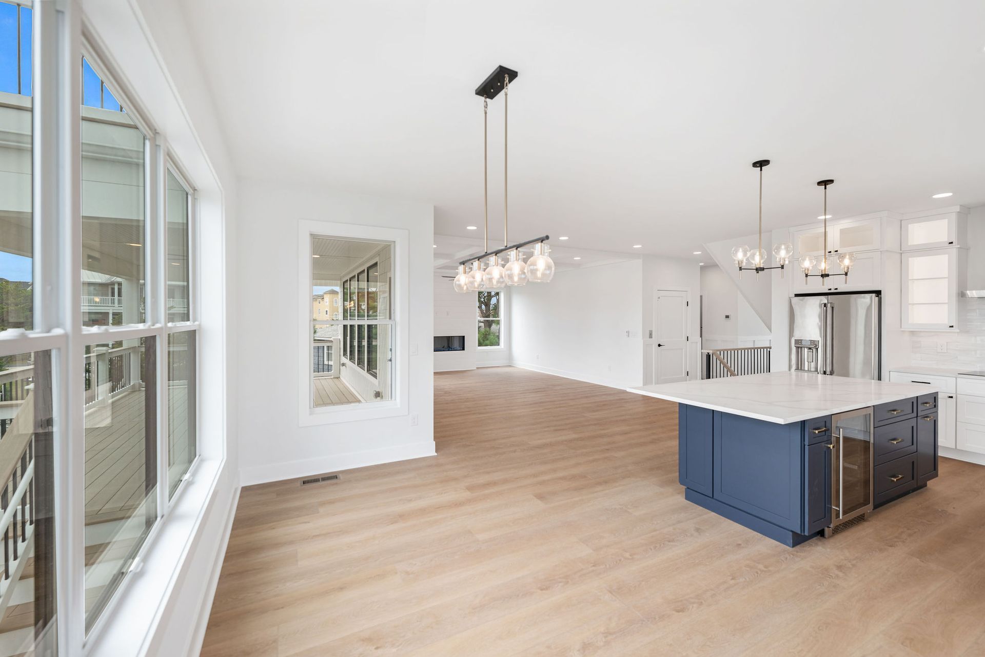 There is a large island in the middle of the kitchen.