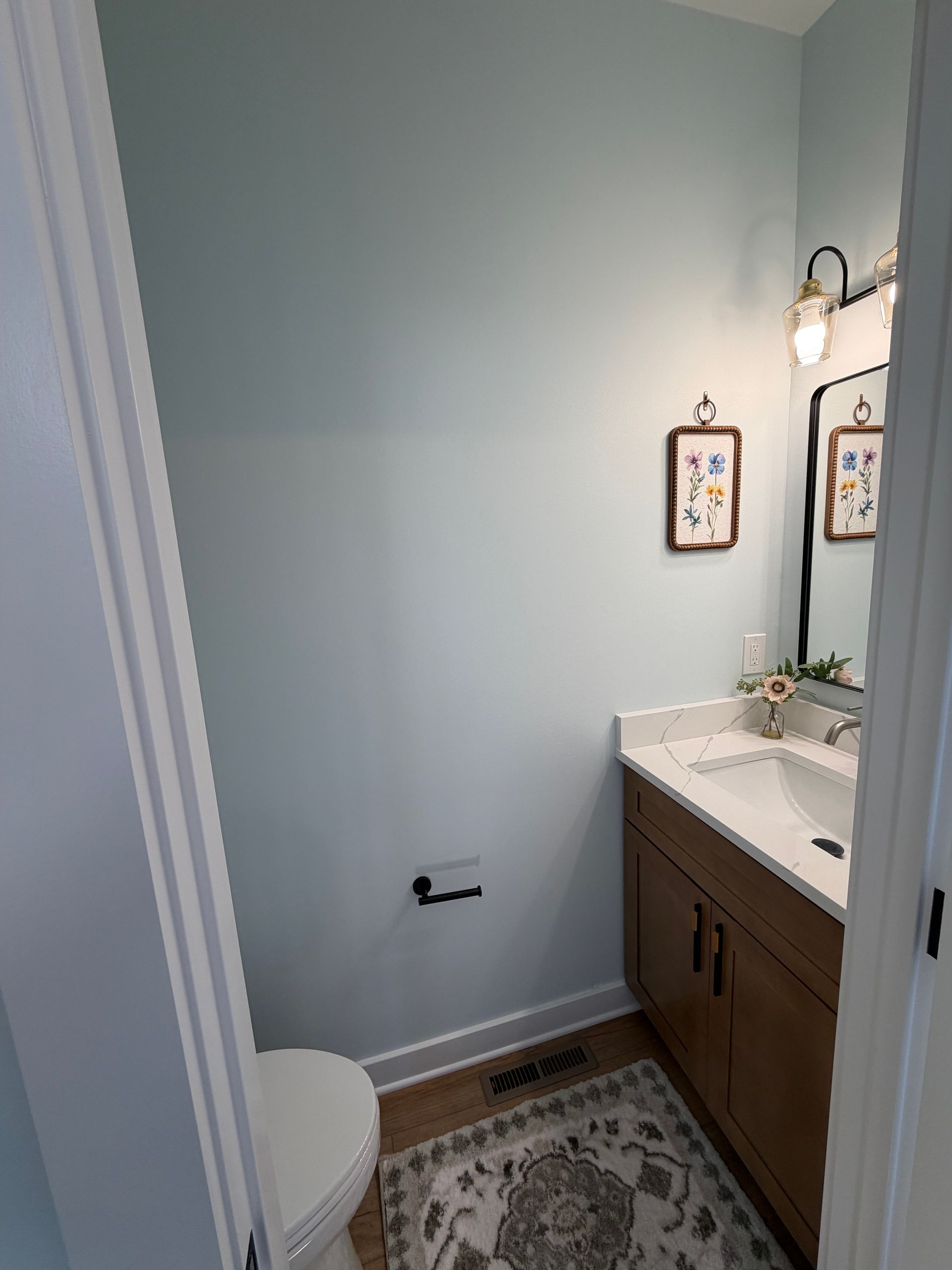 Small bathroom with light blue walls, toilet, vanity sink, and wood-look floor.