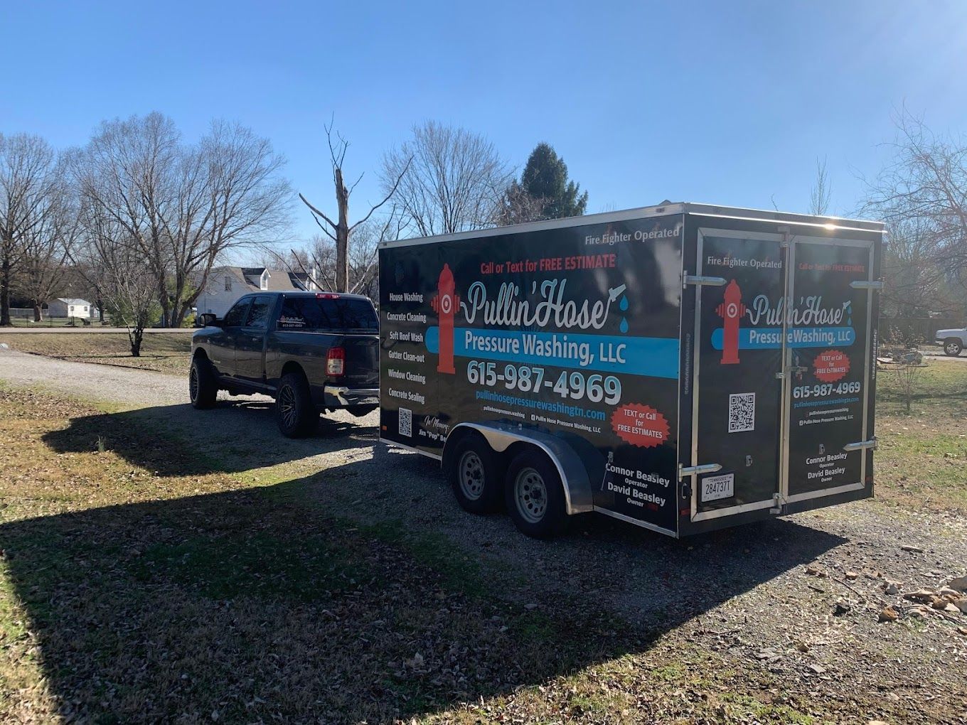 pullin hose pressure washing service truck