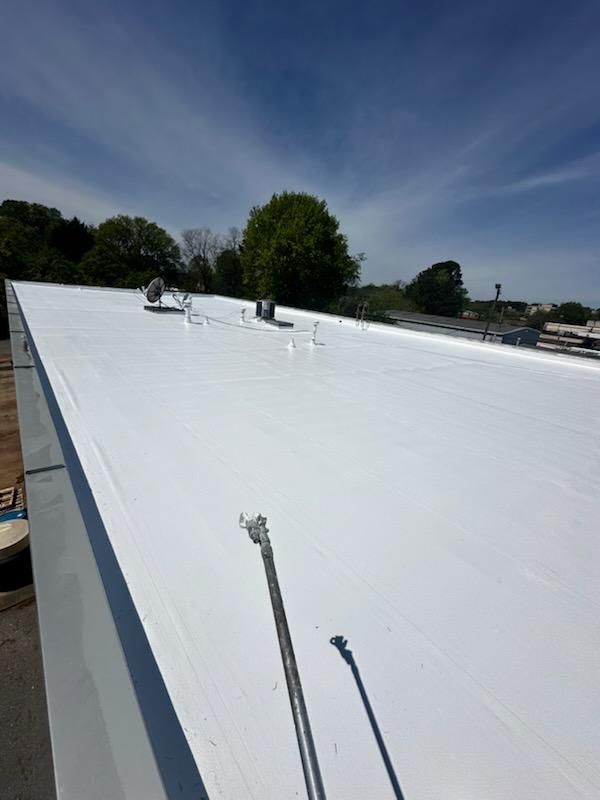 White flat roof on a sunny day with blue sky and trees in the background.