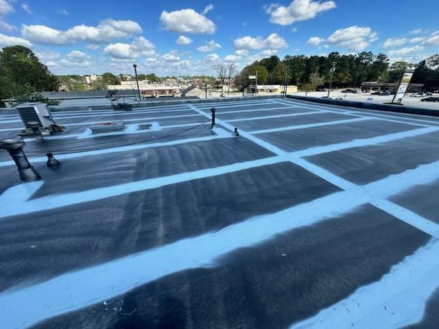 Black rooftop with white grid lines, blue sky with clouds. Buildings and trees in background.