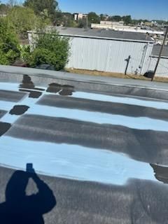 Flat roof with blue paint stripes; shadow of person taking a picture.