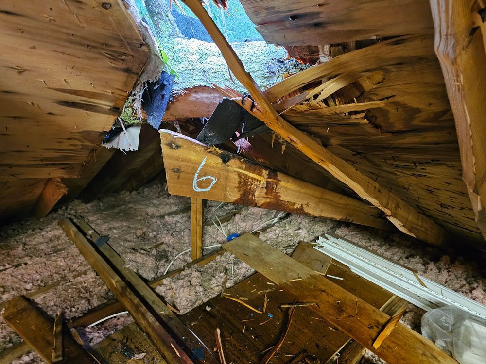 Interior view of a damaged attic, wood and insulation debris, hole in the roof, number 6 on a wood beam.