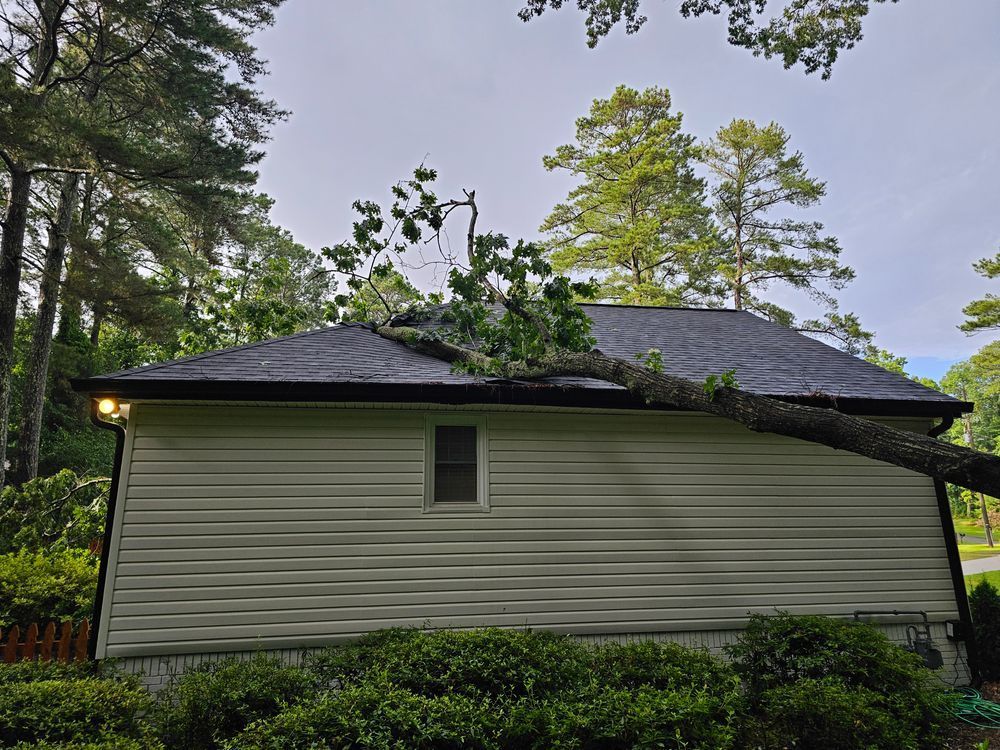 A tree branch has fallen on the roof of a light tan house with dark shingles, outside.