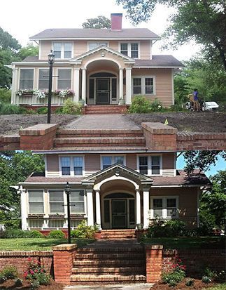 Two pictures of a house with stairs leading up to it