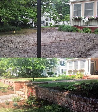 A before and after picture of a house with a brick wall