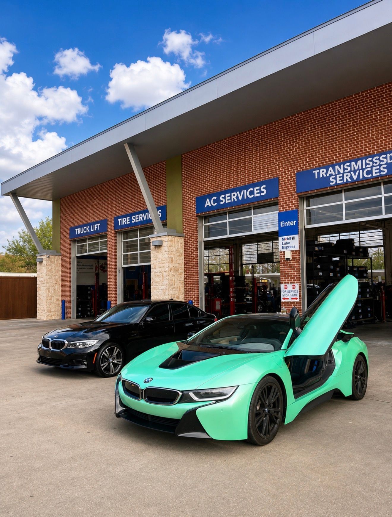 Mint-green sports car with raised door parked outside a car service shop beside a black car