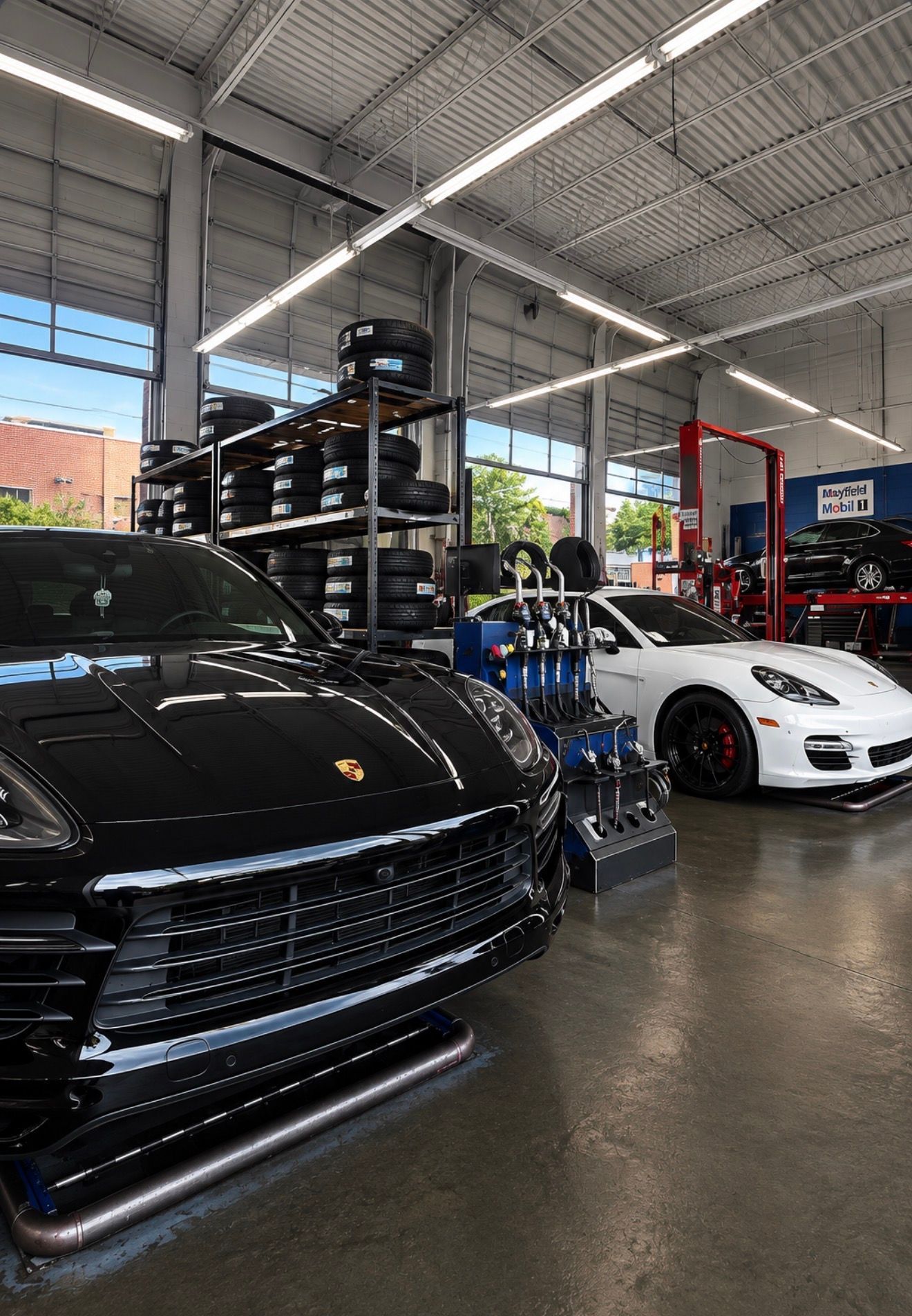Black and white sports cars inside an auto shop with racks of tires and bright overhead lights