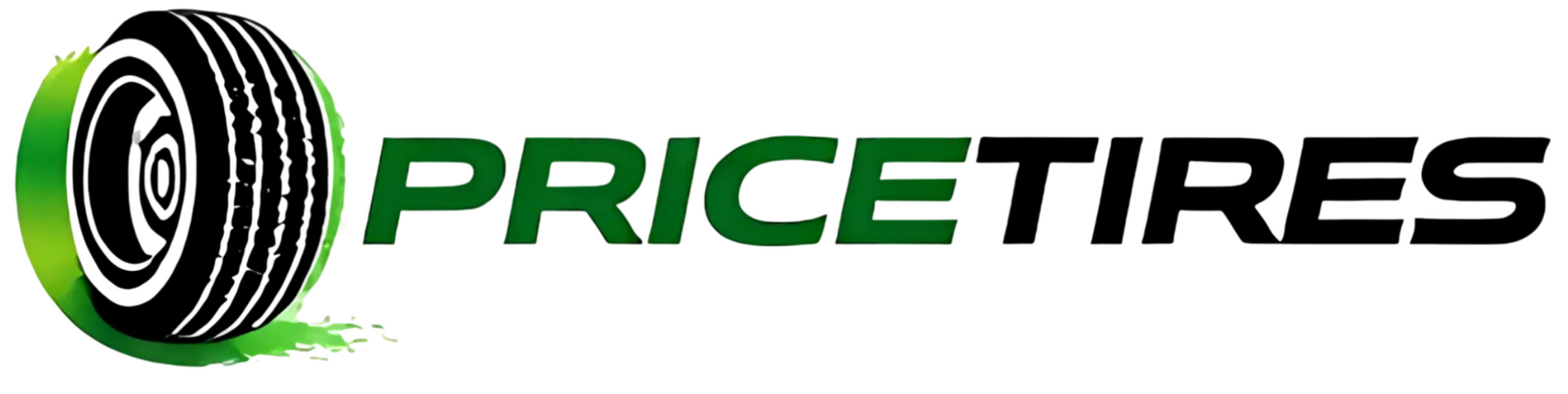 The PriceTires logo features a black tire graphic emerging from a green crescent shape next to the bold green text.