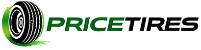 The PriceTires logo features a black tire graphic emerging from a green crescent shape next to the bold green text.