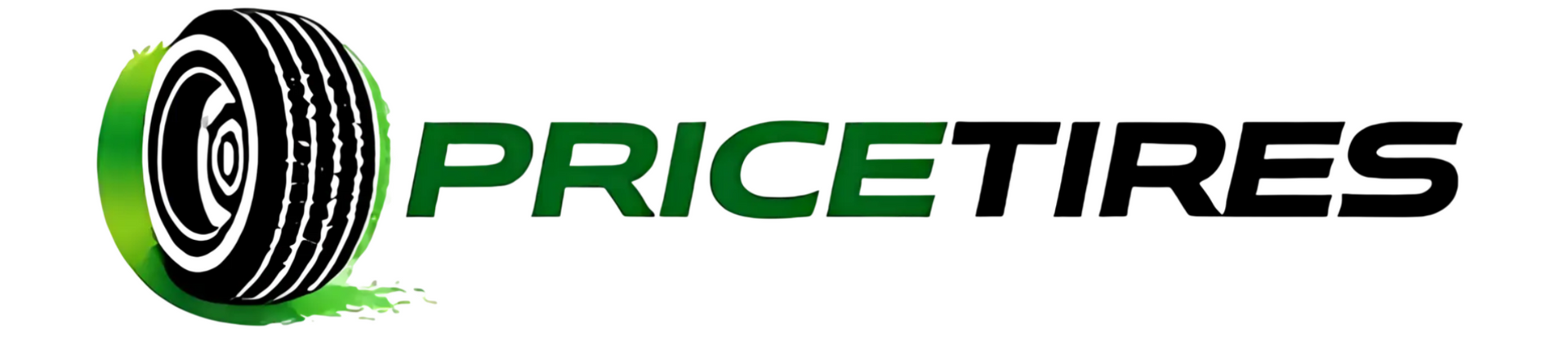 The PriceTires logo features a black tire graphic emerging from a green crescent shape next to the bold green text.