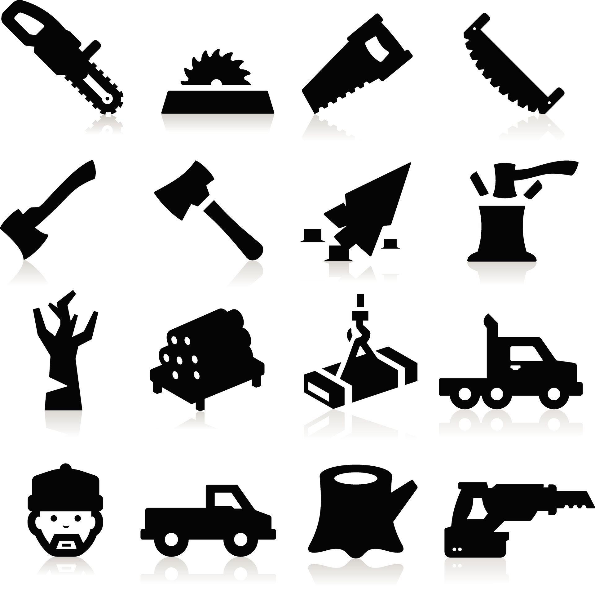 Black silhouettes of construction tools and vehicles arranged in a grid on a white background