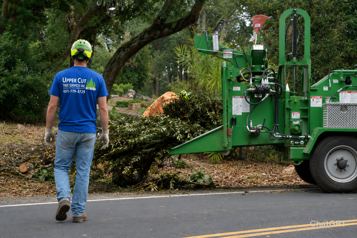 Worker in blue shirt walking beside a green wood chipper clearing fallen branches by the road