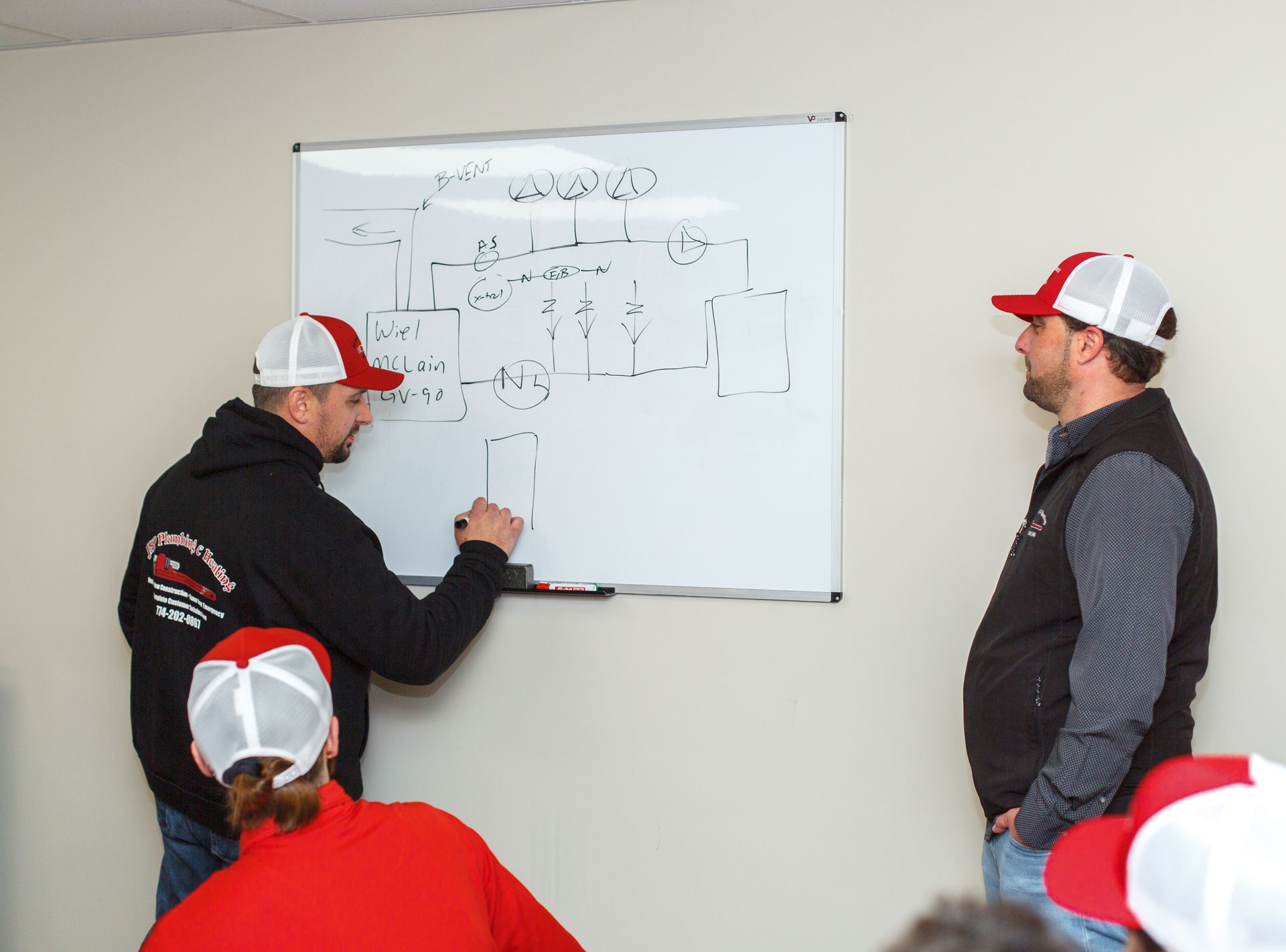 a man is writing on a white board while other men look on