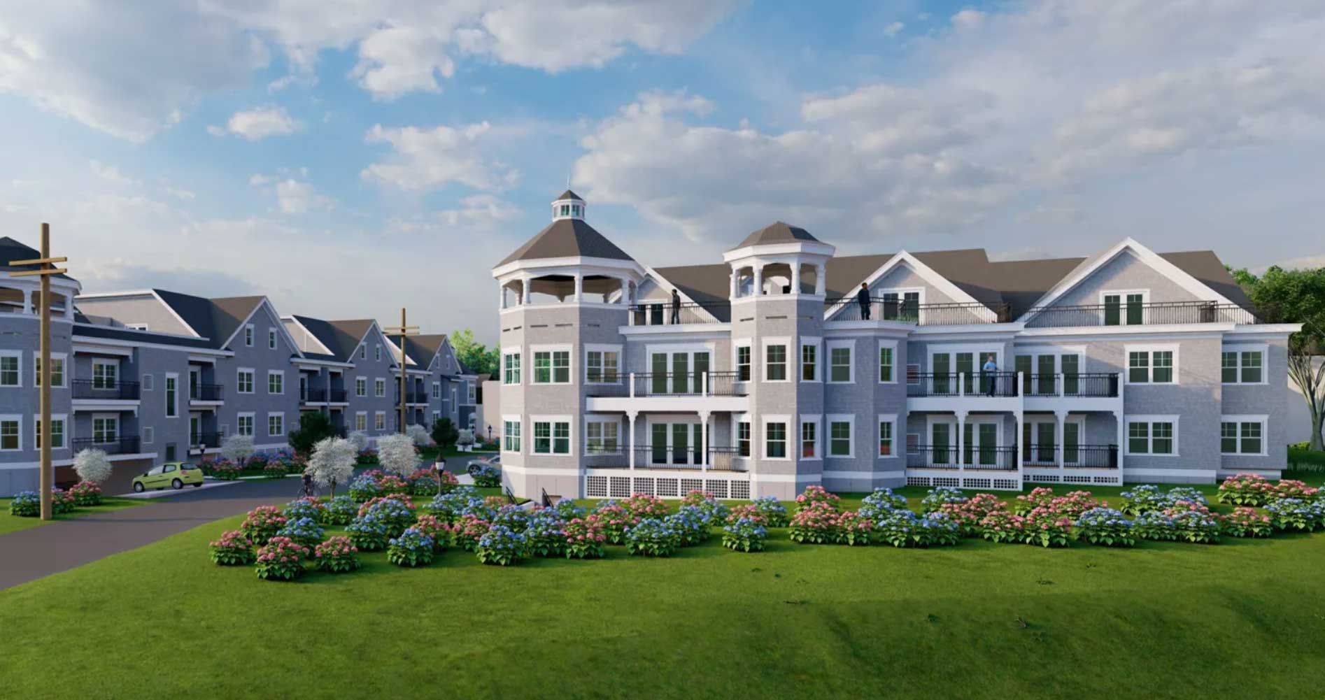 an artist's impression of a large apartment building in a residential area