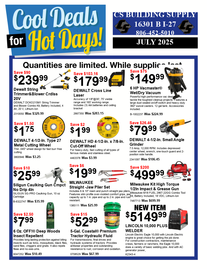 CS Building Supply - Monthly Specials July 2025