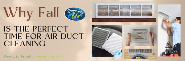 Fall duct cleaning ad with air vent and cleaning tools, promoting autumn HVAC maintenance