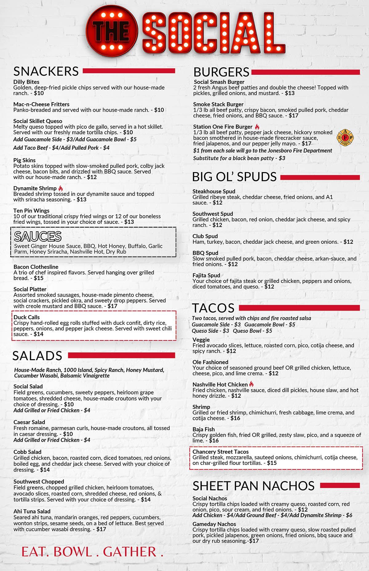 The Social menu with sections for snackers, sauces, salads, burgers, big ol' spuds, tacos, and sheet pan nachos