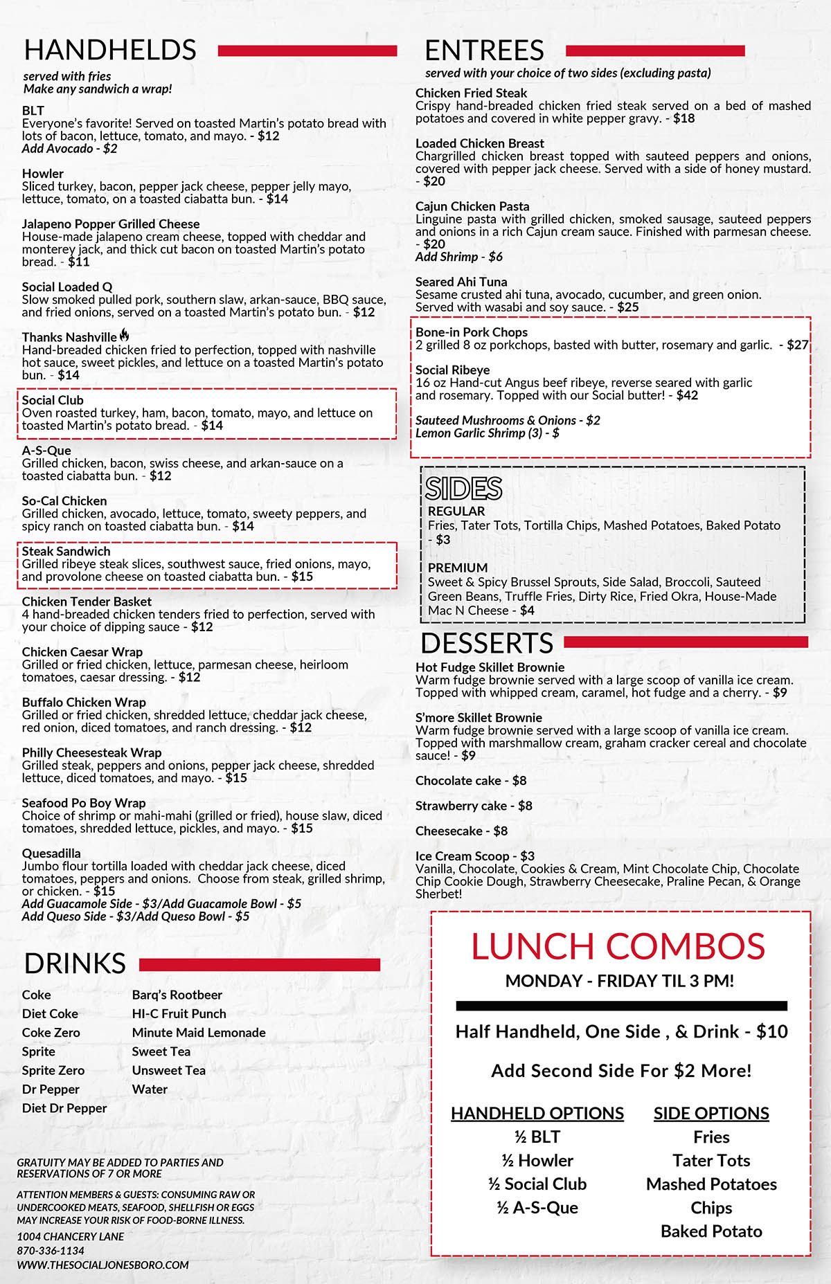 The Social menu with sections for handhelds, drinks, entrees, sides, desserts, and lunch combos