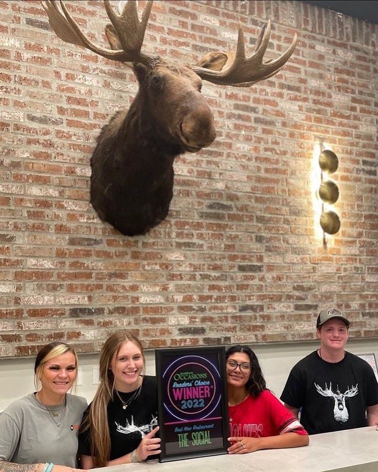 A group of people standing in front of a moose head on a brick wall.