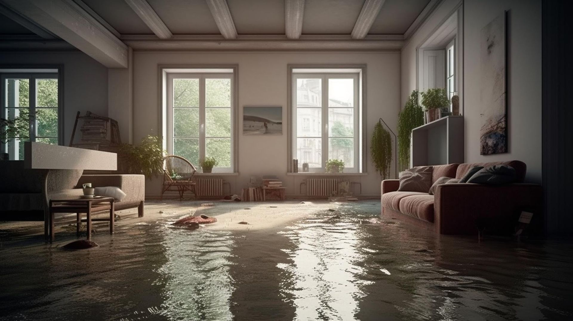 Flooded living room with water covering the floor, sofas, chairs, and sunlight through windows