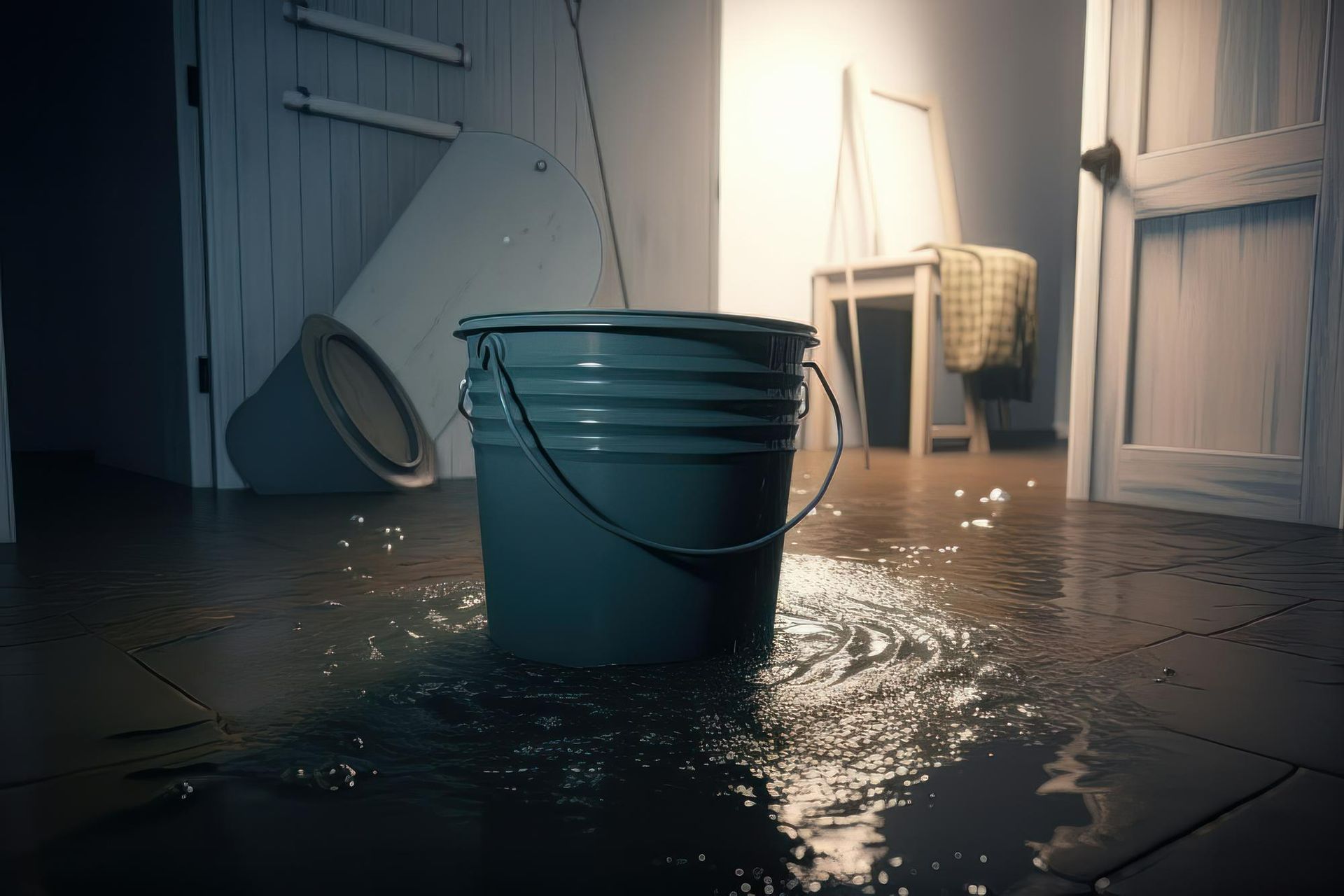 Blue bucket catching water on a flooded floor in a dim hallway, with water pooling around it.