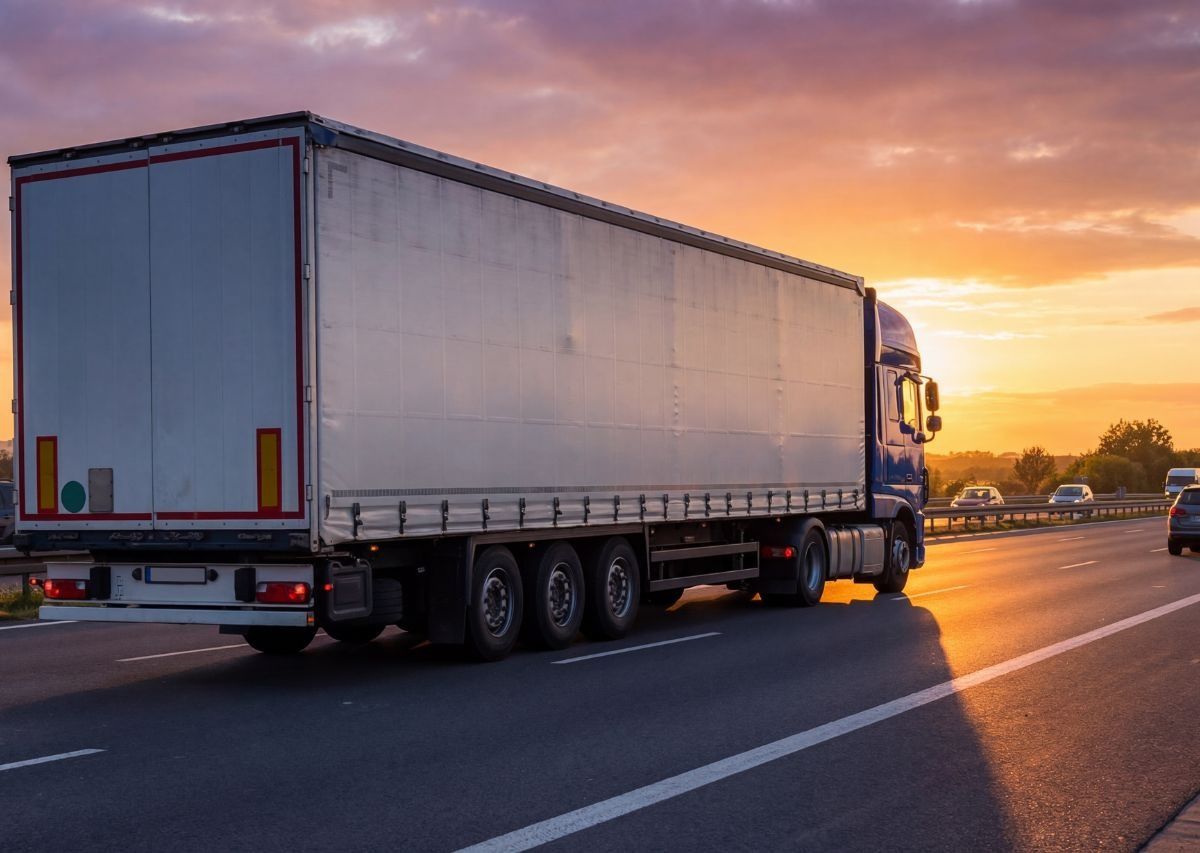 Semi-truck hauling a white trailer on a highway at sunset