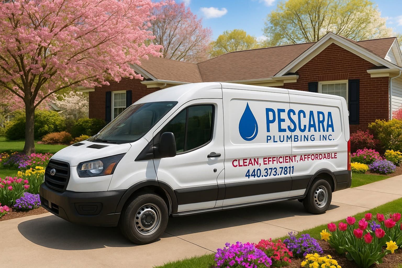 Pescar Plumbing service van parked by a brick house and pink blossoms
