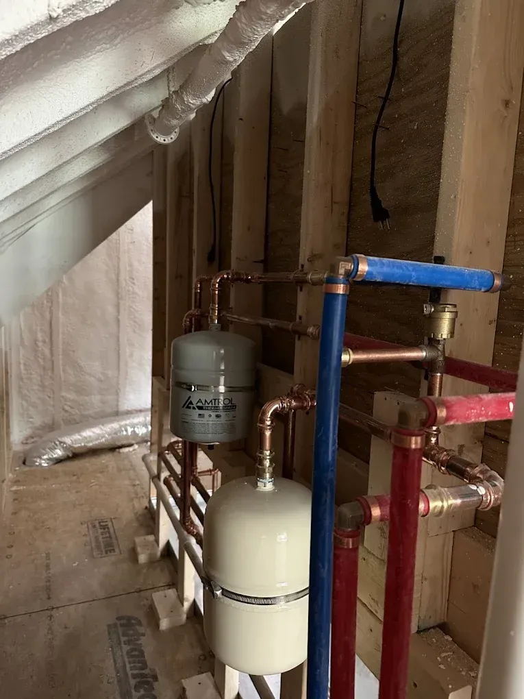 Plumbing valves and pipes mounted inside an unfinished wall with blue and red handles, and two filter canisters.